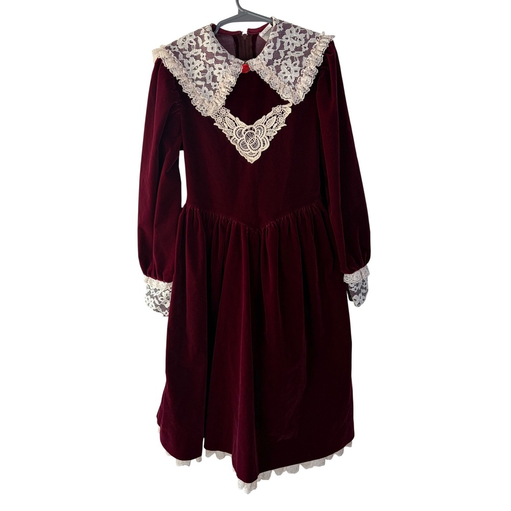 Vintage Girls Burgundy Velvet Lace Collar Holiday Party Dress Size 8 Made in USA